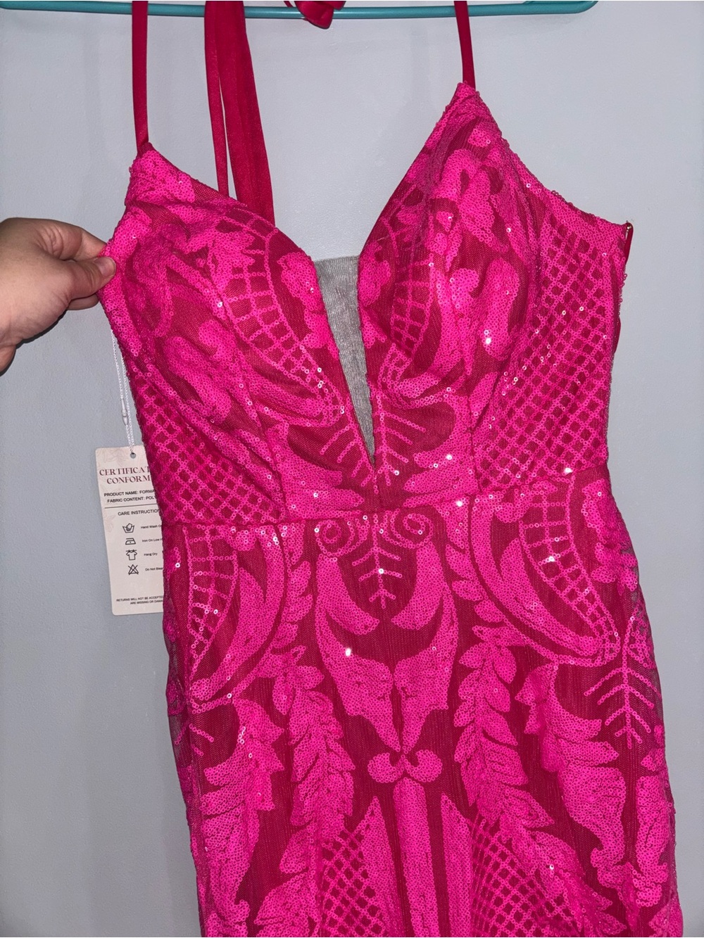 Hot Pink Sequin Halter Evening Gown - Picture 2 of 4
